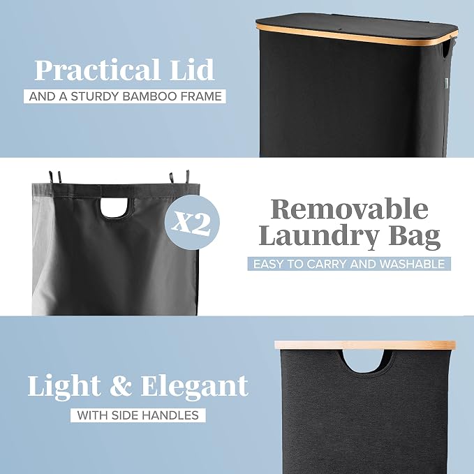 LONBET Laundry Basket with Lid, Made from Breathable Fabric | Aesthetic Clothes Hampers for Laundry with Side Handles & Sturdy Bamboo Frame (40 Gallons - Double, Black) - Image 2