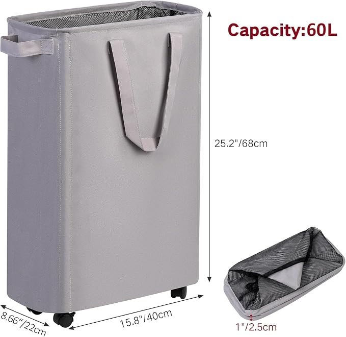 efluky Slim Laundry Hamper with Wheels, Rolling Laundry Basket for Clothes, Small Laundry Basket for Bedroom, Dorm and Laundry Room, 60L (12.7 Gallons) Grey - Image 2