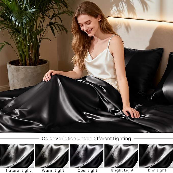 Love's cabin California King Satin Sheet Sets - 4 Piece Black Silky Sheets Bed Set with Deep Pocket, Luxury Silk Feel Satin Cal King Sheet Set (1 Flat Sheet,1 Fitted Sheet,2 Pillow Cases)