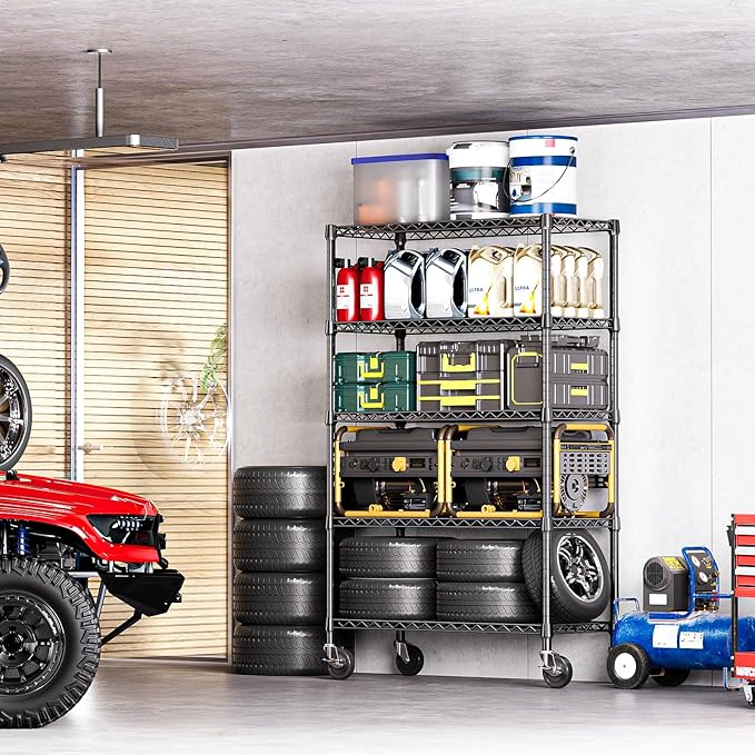IZEUK 5-Tier Adjustable Heavy Duty Steel Wire Shelving Unit with Wheels, Storage Rack Organizer for Garage, Kitchen, Office, Laundry, Basement (Black, 17.7" D x 47.2" W x 76.7" H, 1750 lbs Capacity) - Image 2