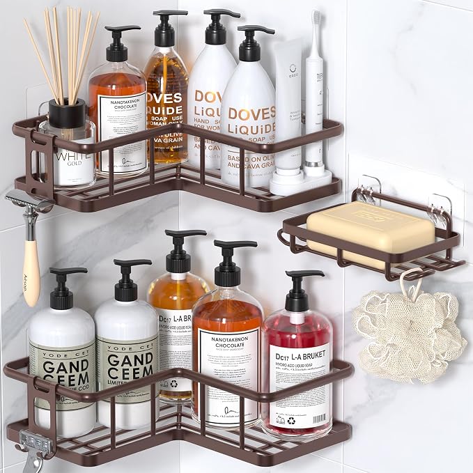 YASONIC Shower Caddy Corner, 3-Pack Adhesive Rustproof Stainless Steel Shower Shelves with Soap Holder, No Drilling Shower Organizer Corner for Dorm, Renters Bathroom, Bronze by YASONIC