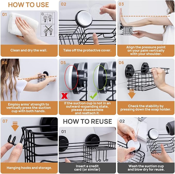 LEVERLOC Shower Caddy Suction Cup, 3 Pack Heavy Duty Bathroom Organizer for Inside Shower with Hooks & Soap Holder, Removable Bathroom Organizer, Rustproof Black Holder Storage Black - Image 8