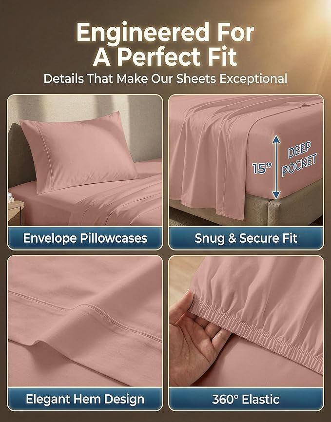 LANE LINEN Twin Sheets Set - 600 Thread Count Sateen Weave for Premium Feel - 100% Extra Soft Cotton Sheet Set - 15'' Deep Pocket for Snug Fit to Your Mattress - Oeko Tex Certified - Sepia Rose