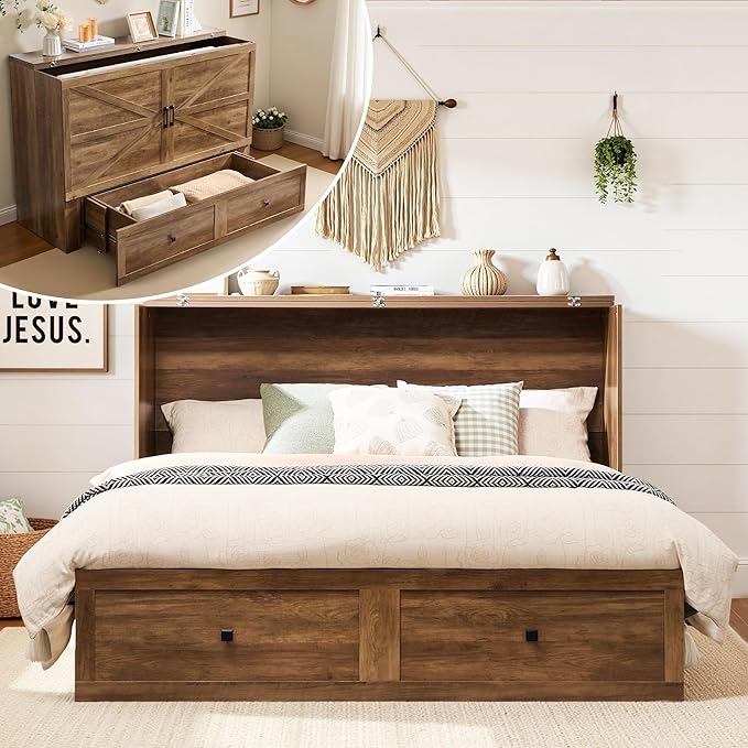 LUXOAK Queen Murphy Bed with Storage and Charging Station, Farmhouse Cabinet Bed, Noise-Free, for Guest Room, Apartment, or Office, Barnwood