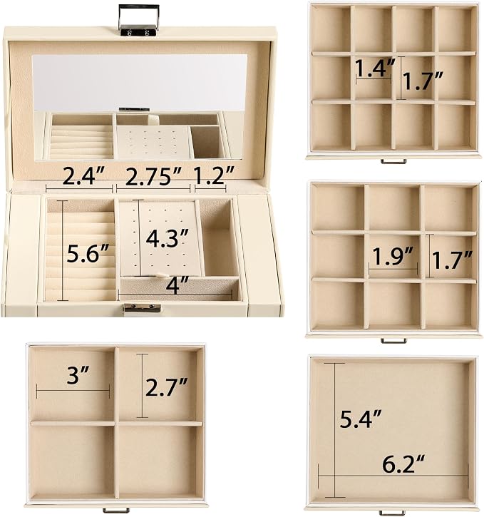 Frebeauty 5-layer Jewelry Box,Faux Leather Jewelry Organizer with 4 Drawers,Jewelry Organizers and Storage with Mirror,Jewelry Holder Organizer for Necklace,Jewerly Boxes for Women Girls(Beige) - Image 4