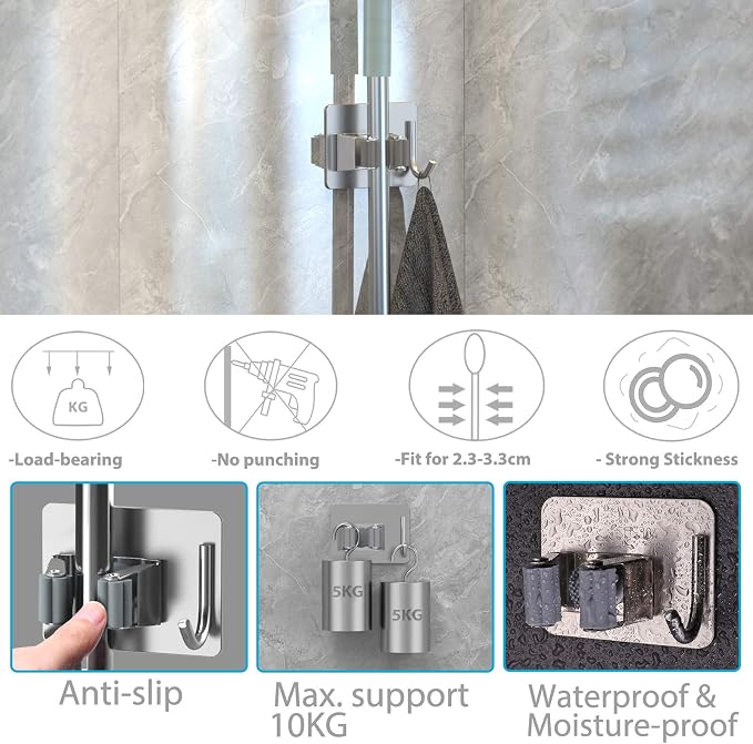 homeasy Mop Broom Holder No Drill, Mop Broom Organizer Wall Mounted Heavy Duty with Hooks Hanger, Self Adhesive Stainless Steel 6Pcs for Bathroom, Kitchen, Office (Silver) - Image 3