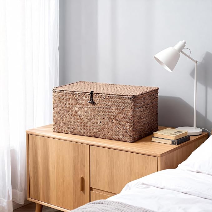 Nonam Seagrass Storage Large Basket with Lid,Wicker Basket Storage Bin with Lid for Shelves,Boho Decor,Handwoven Shelf Basket for Organizing-Storage Container Box for Home Organization-Coffee - Image 7