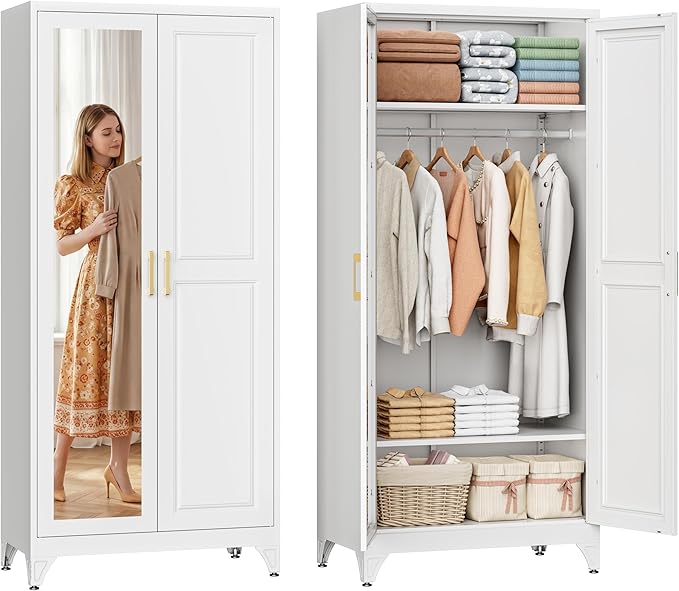 SteeLoong Metal Wardrobe Cabinet with Hanging Rod, 71" Tall Armoire Wardrobe Closet with 2 Mirror Doors and Adjustable Shelves, White Clothing Storage Cabinets for Bedroom, Laundry Room