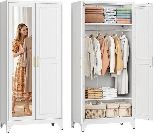 SteeLoong Metal Wardrobe Cabinet with Hanging Rod, 71" Tall Armoire Wardrobe Closet with 2 Mirror Doors and Adjustable Shelves, White Clothing Storage Cabinets for Bedroom, Laundry Room
