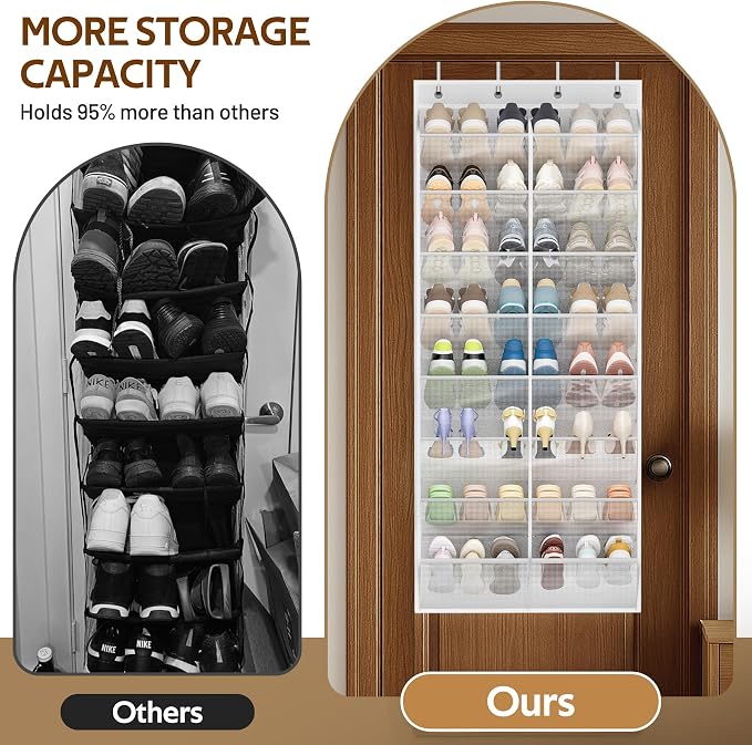 MISSLO 24 Pairs Over the Door Shoe Organizer Breathable Mesh Hanging Shoe Rack for Closet Storage with Wide Deep Pockets 8 Tier Shoes Holder Fit All the Family's Sneakers, Boots, Heels (White, 57.5") - Image 3