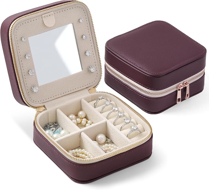 Genuine Leather Travel Jewelry Organizer Case with Mirror for Women, Small Mini Portable Jewelry Box for Ring Earrings Necklace Bracelet Luxury Gift for Women（Burgundy） by NGVRC