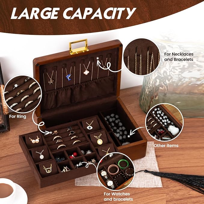 Solid Walnut Wood Jewelry Box with Lock, 2 Layer Velvet Jewelry Organizer Storage Lined for Earrings Rings Necklaces Bracelets Cufflink Gift Idea for Men Women, Vintage Brown - Image 8
