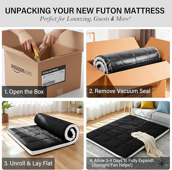 Tiita Memory Foam Mattress Topper Twin Size, 4" Thicken Futon Mattress with Storage Bag and 2 Straps, Portable Roll Up Travel Car Camping Mattress Floor Sleeping Pad, Black