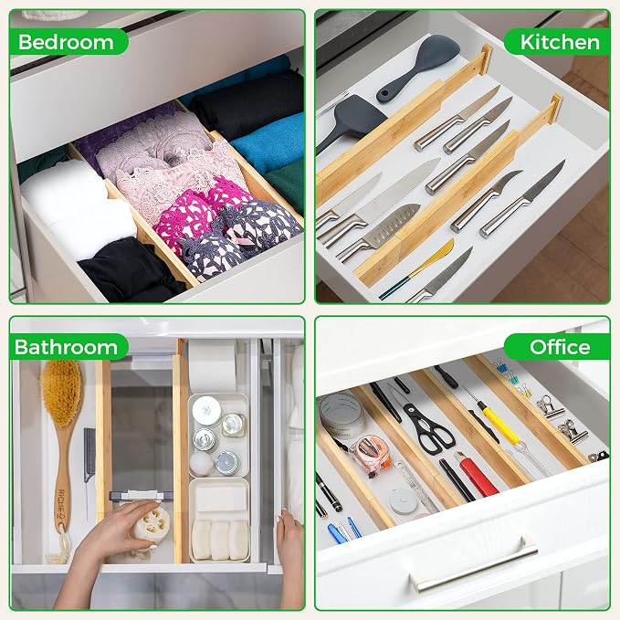 4 Pack Bamboo Drawer Dividers Organizer with Inserts 2.6'' High, Expandable from 12.5-21.7", Adjustable Drawer Organizer Separators for Utensils, Clothing, Office, Dresser, Bedroom, (Beige) - Image 6