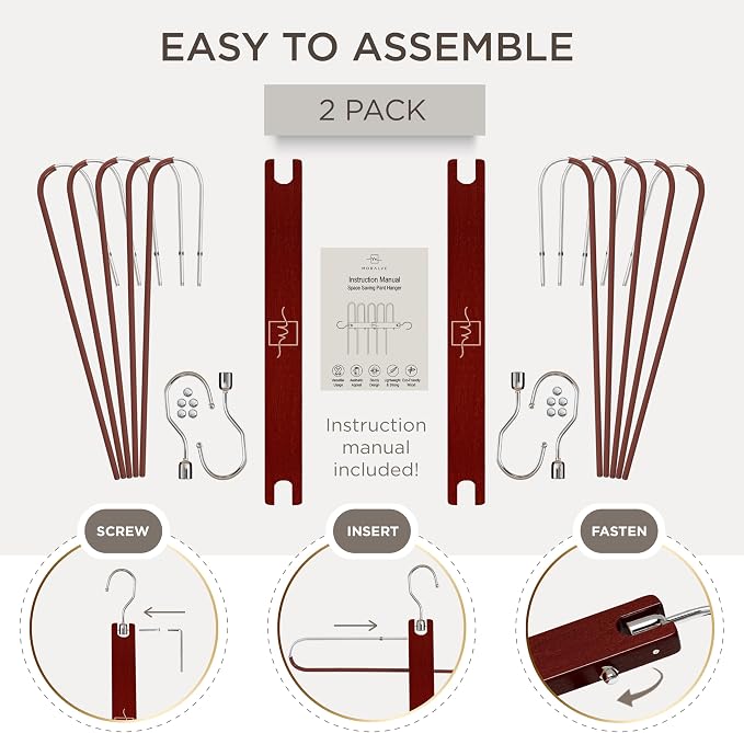MORALVE Pants Hangers Space Saving - 2 Pack European Beechwood Scarf and Jean Hangers - Closet Organizer and Space Saver Pant Rack, Leggings Hanger, and Scarf Holder with 360° Swivel Hook - Image 7