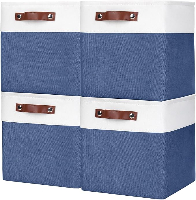 Bagnizer Collapsible Fabric Storage Cubes 11x11 Cube Storage Bins, 4 Pack Closet Baskets Box with Handles for Organizing, Shelf, Toys, Clothes, Home, Office, Nursery (Navyblue&White) by Bagnizer