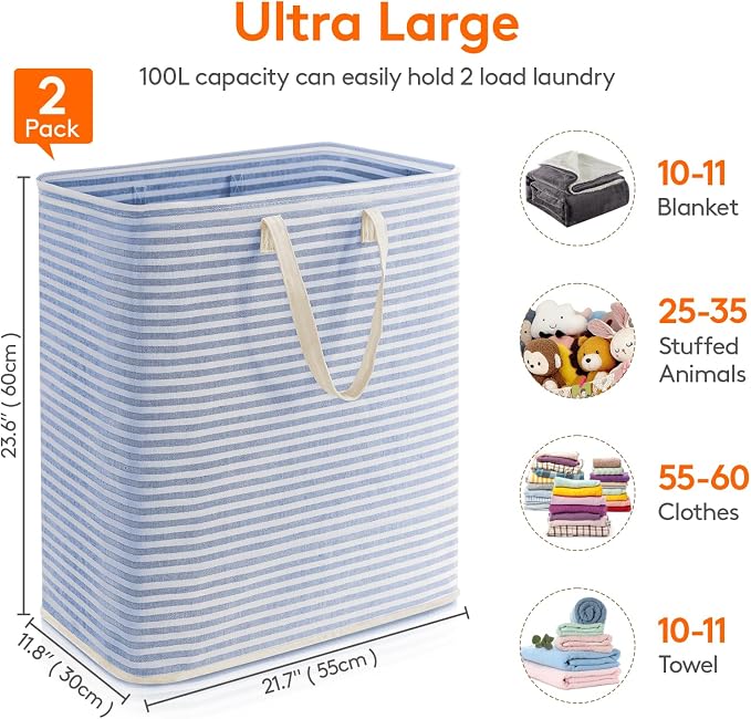 Lifewit 2 Pack Laundry Basket 100L Each, Collapsible Clothes Hamper with Reinforced Handles, Freestanding Waterproof Design for Bedroom and Laundry Room, Grey&Blue 200L Total - Image 4