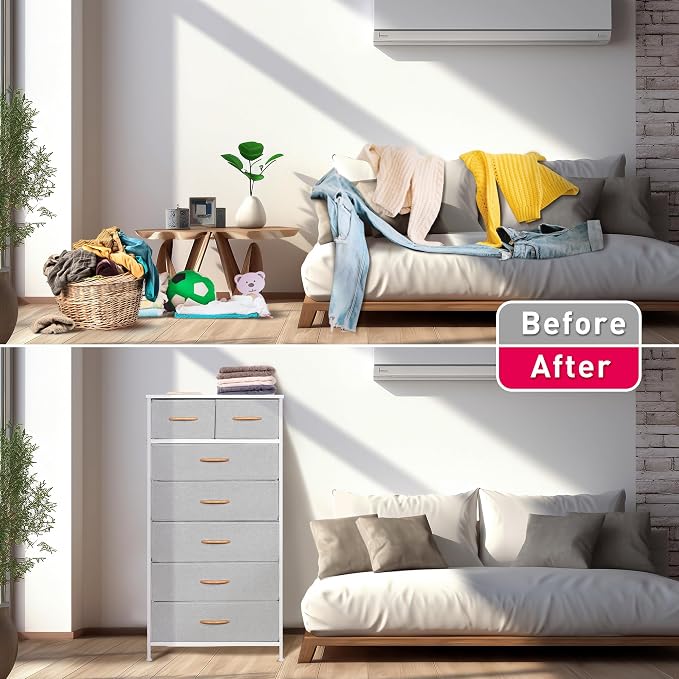 Mifuro Tall Dresser for Bedroom, Vertical Storage Organizer Tower with 7 Drawers, Chest of Drawers with Fabric Bins, Steel Frame, Wood Top for Bedroom, Closet, Entryway- Light Grey - Image 6