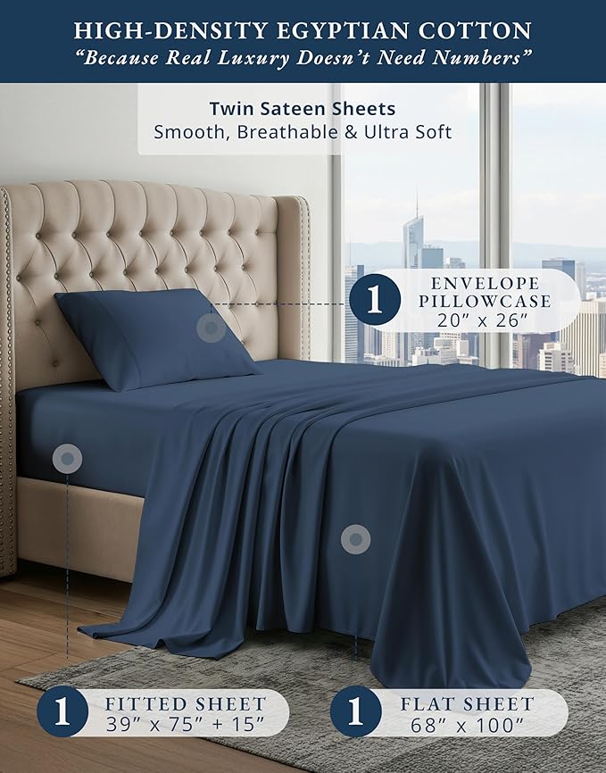 LANE LINEN 100% Egyptian Cotton Twin Sheets Set, Soft & Comfy Sateen Weave No Pill Mercerized Cotton Sheets, Fully Elasticized Reinforced French Seam Fitted Twin Bedding – Dark Denim