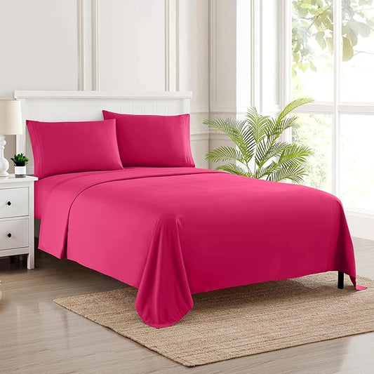 California King Size Sheet Set with Built-in Sheet Straps - Deep Pocket Fitted Sheet, Flat Sheet & Pillowcases - Soft, Wrinkle-Free, Secure Fit - Fuschia