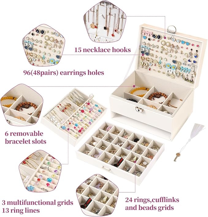 BOOVO Earring Jewelry Box For Women Girl Stud Organizer, 5 Layers Girl Jewelry Organizer Box With Lock Earring Holder Organizer Necklace Ring Jewelry Organizer Box For Girls (White, 5 layer) - Image 3