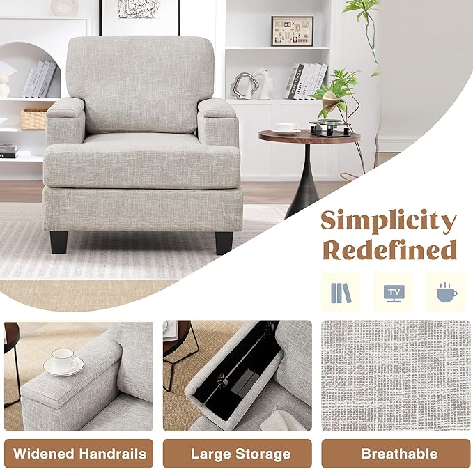 Accent Chairs Set of 2 with Armrest Storage, Modern Upholstered Reading Living Room Chair, Comfy Large Armchairs, Fabric Single Sofa Chair for Bedroom (Beige)