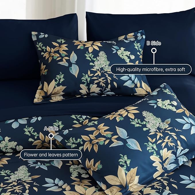 Cottolester Navy Blue Comforter Set Full Size Floral 7-Piece Bedding Set,Botanical Comforter Set with Pillowcases,Soft Microfiber Complete Bedding Sets for All Season