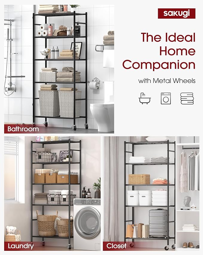 Sakugi Storage Shelves Organizer - 5 Tier Metal Shelf Organizer with Metal Wheels and Adjustable Leveling Feet, Heavy Duty Garage Shelving for Kitchen, Pantry and Closet, 33.1"x12.6"x73.5", Black - Image 5