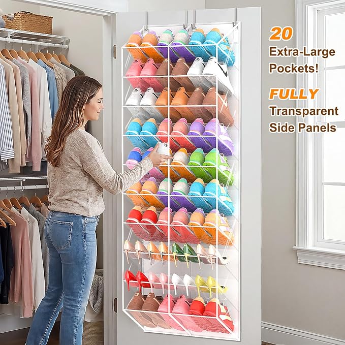 20-30 Pairs Over the Door Shoe Organizer, Transparent PVC Hanging Shoe Rack for Closet, 10-Tier Door Shoes Storage, Crystal-Clear Visibility Fit All the Family's Sneakers, Boots, Heels, White Frame - Image 3