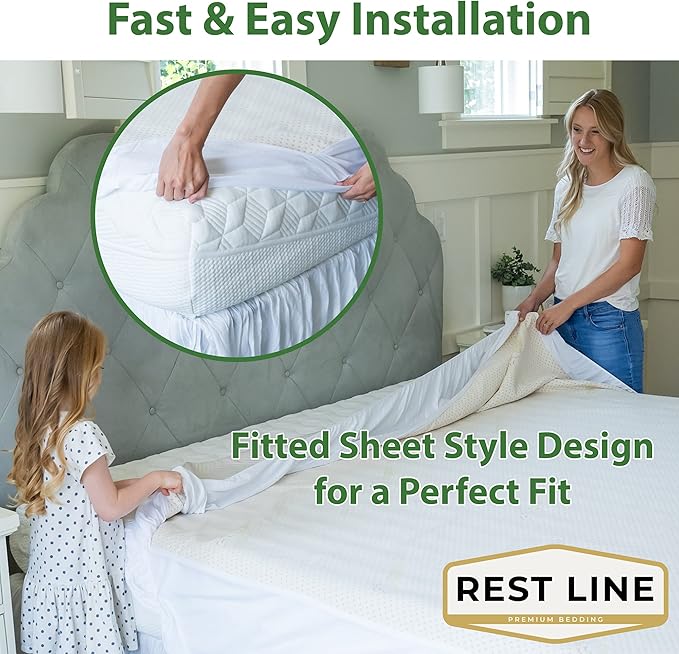 Queen Size 60x80” Premium 100% Organic Cotton Waterproof Mattress Protector, Hypoallergenic, Cooling Mattress Pad Cover, Soft & Breathable Fitted Sheet Style up to 18" Deep - Rest Line
