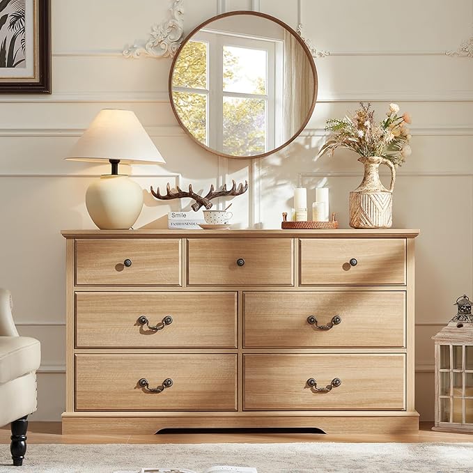 Farmhouse Dressers & Night Stand Set,54" Wide 7 Drawer Dresser 18" Wide 2 Drawers End Table with Charging Station,Furniture Dresser Sets for Home,Natural