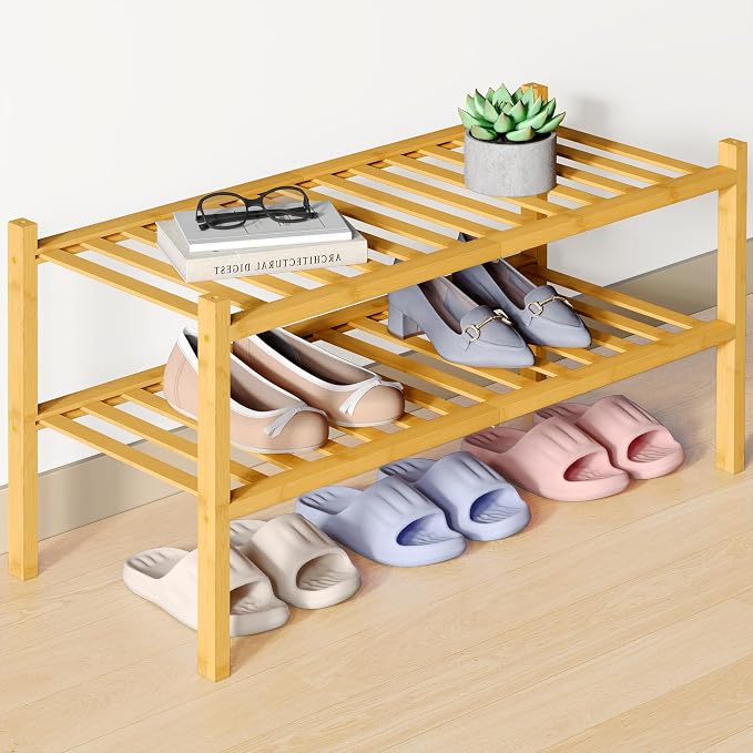 Smiry Bamboo Shoe Rack for Closet, 2 Tier Wooden Stackable Shoe Organizer, Free Standing Shoes Storage Shelf for Entryway, Front Door Entrance, Natural by Smiry
