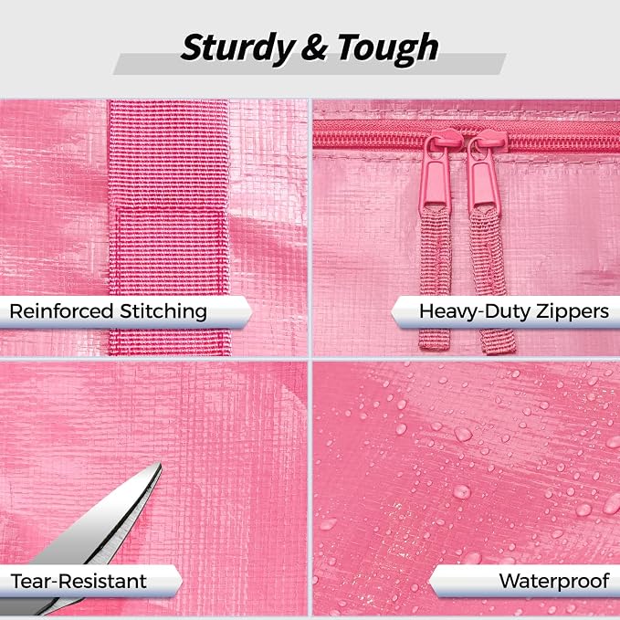 16 Pack Extra Large Heavy Duty Moving Bags, Pink Storage Bins with Lids, Reinforced Handles & Heavy-Duty Zippers Moving Boxes Storage Bags Totes for Clothes Packing, Dorms, College Supplies, Pink - Image 3