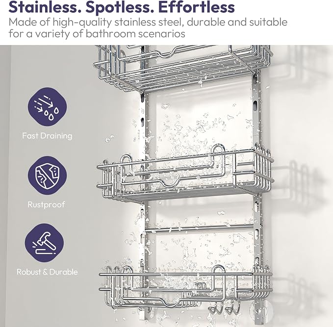 SWTYMIKI Shower Caddy Hanging Organizer - 3-Tier Rustproof Shower Organizer Over Showerhead with Adjustable Baskets, 24 Hooks, Soap & Razor Holder - No Drill Large Bathroom Storage Rack, Silver - Image 6