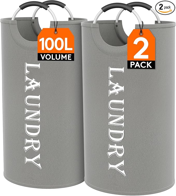 Lifewit 100L 2-Pack Large Laundry Basket, Collapsible Laundry Hamper with Aluminum Handles, Waterproof Freestanding Dirty Clothes Hampers for Laundry Room Bedroom Dorm Bathroom, Silver Grey by Lifewit