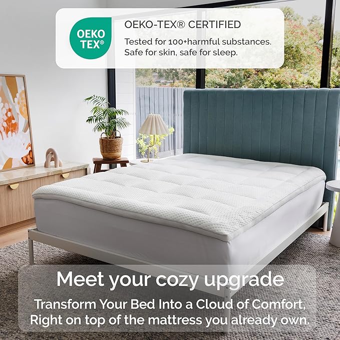 Plush Cooling California King Mattress Topper with Bamboo Viscose Cover - Soft Pillow Top Design for Back Pain Relief and Pressure Point Comfort - 72 x 84 Inches