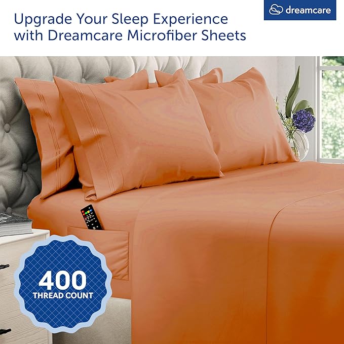 DREAMCARE Queen Sheet Set - 6 pcs Breathable Cooling Bed Sheets - up to 21" Extra Deep Pocket Queen Sheets Set with Side Pockets -Extra Soft 100% Brushed Hypoallergenic Hotel Luxury Bedding -Terracota