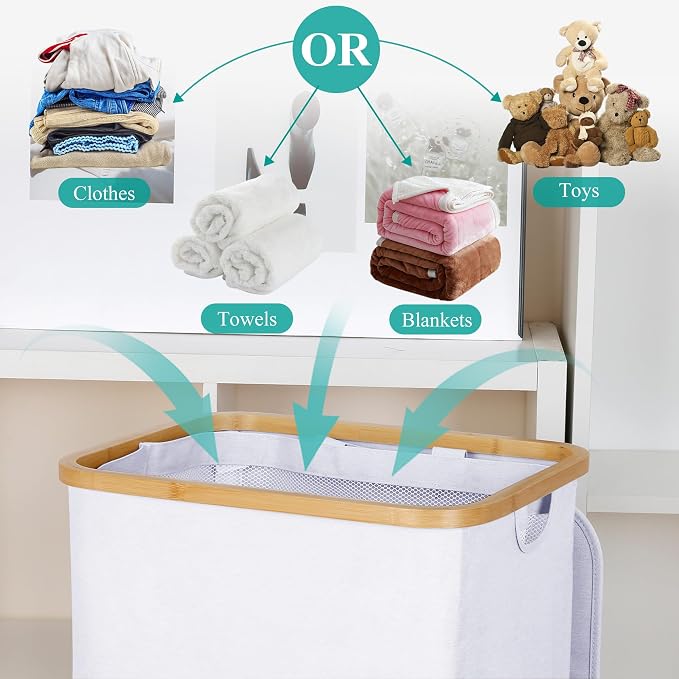 iEGrow 110L Laundry Hamper with Lid，Dirty Clothes Hampers for Laundry,Laundry Basket with Bamboo Handles and Removable Bag,Hamper for Bedroom, Bathroom, Dorm, Laundry Room, White - Image 4