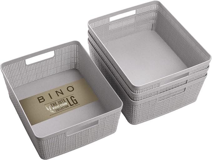 BINO | Woven Plastic Basket | Small (Natural Grey), 4-Pack | THE JUTE COLLECTION | Home Organization, Space - Saving Storage, Stylish Design | Jute Basket | Plastic Storage Basket by BINO