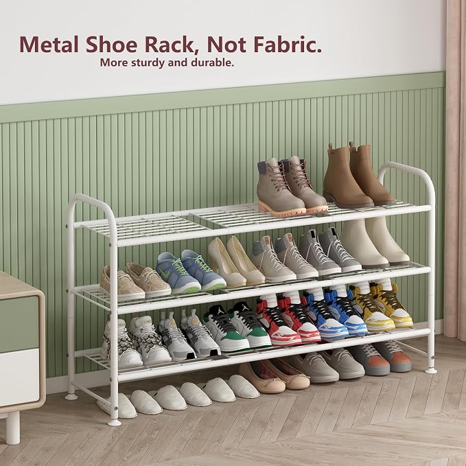 LINZINAR Shoe Rack Long 3 Tier Shoe Storage Organizer Metal Wide Shoe Shelf for Closet Entryway Bedroom 24 Paris Large Capacity, Black (White, 3-Tier) - Image 6