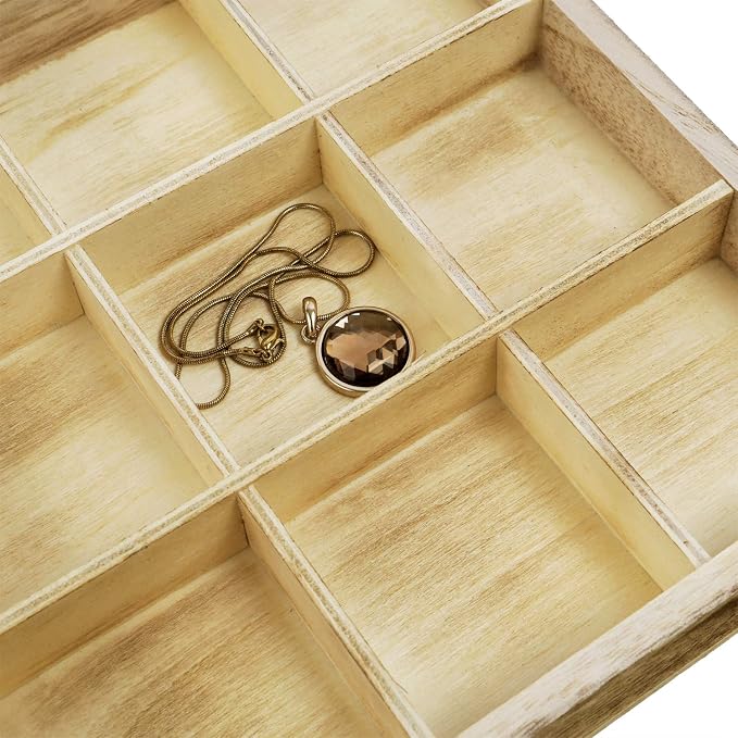 Mooca Wooden Display Storage Case with Tempered Glass Lid for Jewelry and Beads with 18 Compartments Tray, Oak Color, 15" W x 8 3/4" D x 2" H - Image 6