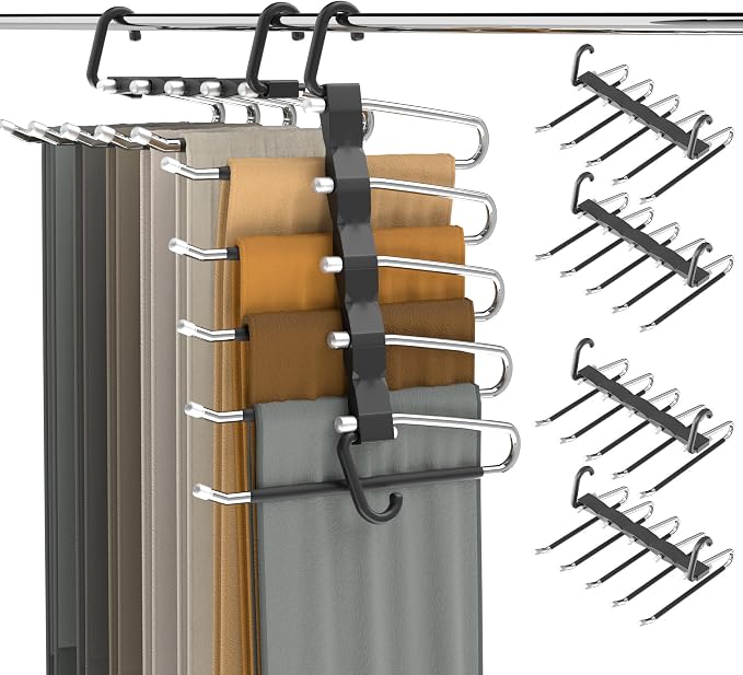 Pants Hangers Space Saving - 4 PCS Closet Organizer and Storage Jean Hangers, Stainless Steel Anti-Slip Clothes Hanger Scarf Holder Pants for Jeans Leggings Trousers Rack for Back to School, Black by AUFETQ