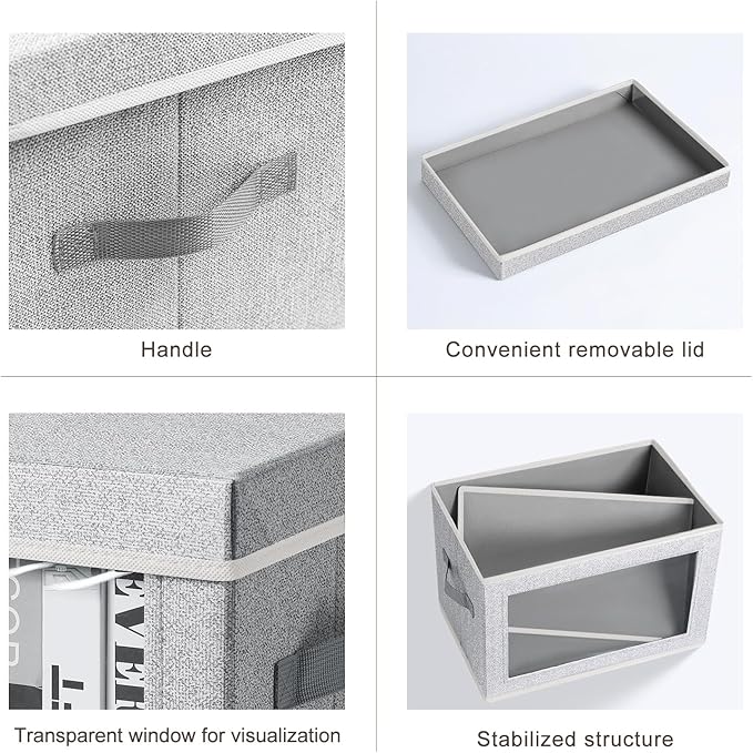 Homsorout Storage Box with Lids - 5 Pack Foldable Clear Window Storage Bins, Large Decorative Storage Bins with Handles, Storage Containers for Clothes, Towel, Blanket, Sheet, Light Grey - Image 7