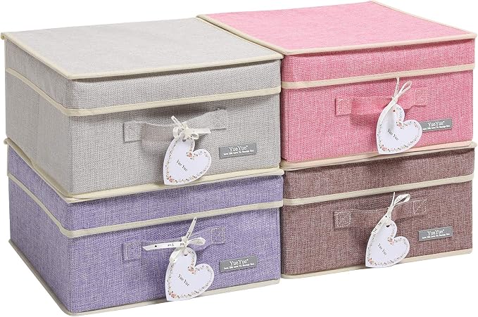YueYue Foldable Fabric Closet Organizer Bins Box Storage - 4 Pack 12.4 X 12 X 6.7 Inch Storage Bins With Lids 4 Light Color Basket Boxes - Bins Storage Box Collapsible Cloth Home Lid by YueYue