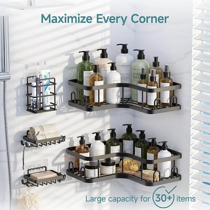 Veken Corner Shower Caddy 5-Pack, Advanced Rustproof Design, No Drilling Adhesive Shelves, Rack with Soap Holder, Bathroom Organizers and Storage, Wall-Mounted Kitchen&Home Decor,Black,Gifts for Mom - Image 2