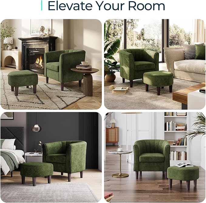 LINSY Accent Chair with Ottoman, Modern Barrel Chair Small Armchair Reading Chair with Footrest, Comfy Round Arms Chair for Living Room Bedroom Reading Room, Velvet, Olive Green