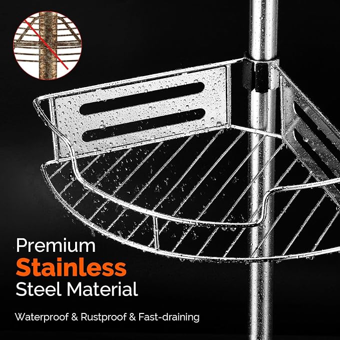HAMITOR Corner Shower Caddy Tension Pole: Quick Installation 4-Tier Rustproof Bathroom Organizer Shelves for Bathtub Shampoo Storage - 47-121 inch Adjustable Floor Standing Bath Rack Holder - Silver - Image 5