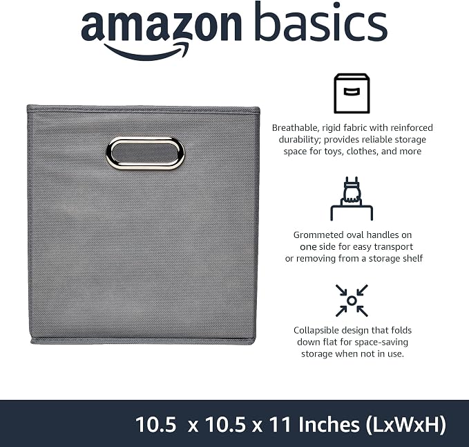 Amazon Basics Collapsible Cube Storage Bins, Space-Saving, Organizing Fabric Bins with Handles, 10.5 x 10.5 x 11 inches, Light Grey, 6-Pack - Image 2