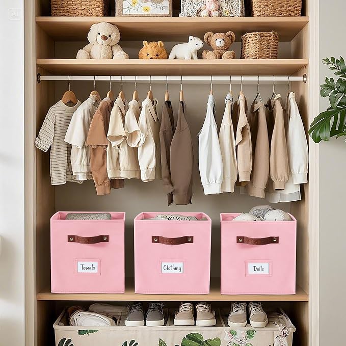 DECOMOMO Storage Bins, Cube Storage Bin with Labels, Fabric Storage Cubes for Shelves (10.5" x 11" / 6pcs, Pink) - Image 7