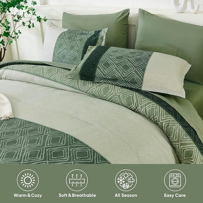 Dinjoy Green King Size Comforter Set,Striped Bed in a Bag King 7 Pieces Soft Microfiber Bedding Comforters Sets Boho Bed Complete Set for Summer All Season